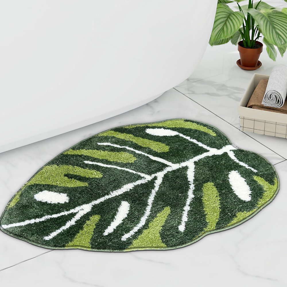 Witzest Green Plant Bathroom Rugs Cute Monstera Leaf Shaped Non Slip Bath Mat, Funny Botanical Floor Bathmat Absorbent Washable Small Bath Matt Bathroom Decor-17''x24''