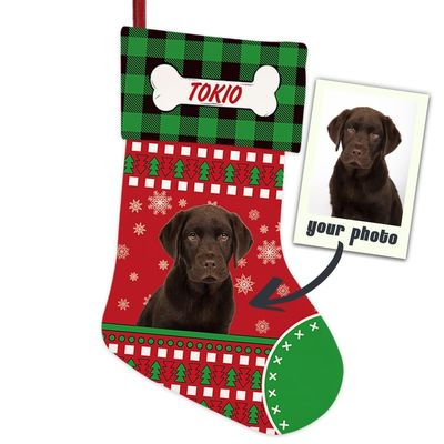 MALIHONG Personalized Photo Name for Your Dog Cute Merry Christmas Stocking Snowflake Holiday Fireplace Christmas Tree Decor Hanging Stocking 14.4" Green Buffalo Plaid