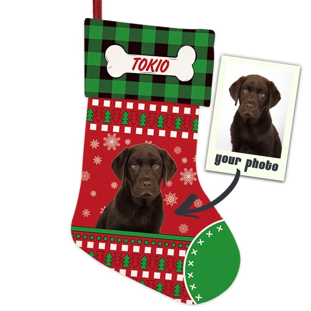 MALIHONG Personalized Photo Name for Your Dog Cute Merry Christmas Stocking Snowflake Holiday Fireplace Christmas Tree Decor Hanging Stocking 14.4" Green Buffalo Plaid
