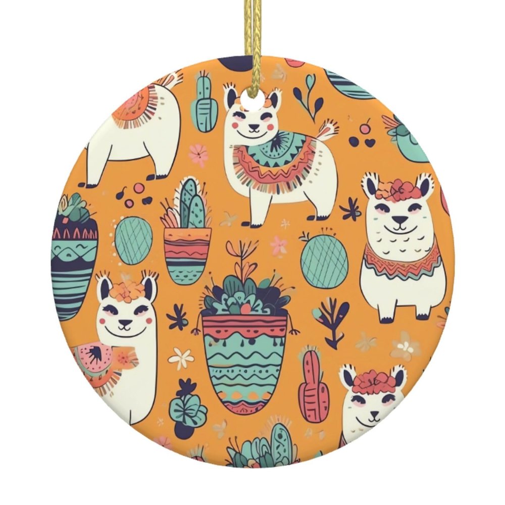 Cartoon Alpaca Cute Animal Christmas Ornament Round Ceramic Ceramic Hanging Ornaments for Home Decor Christmas Decorations with Gold Rope Xmas Tree Ceramic Hanging for Holiday Party