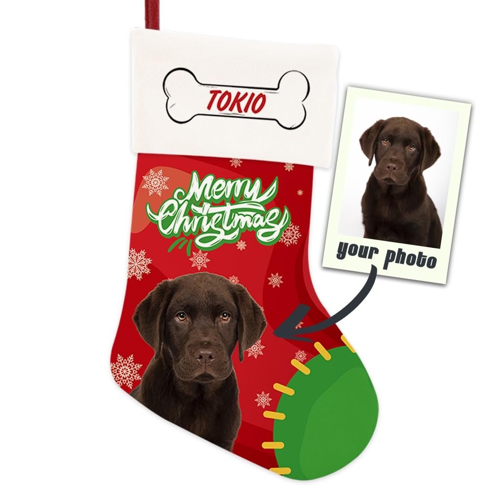 MALIHONG Personalized Merry Christmas Stocking Custom Dog Photo Name Christmas Stocking Xmas Holiday Fireplace Christmas Tree Hanging Stocking Gift for Dog