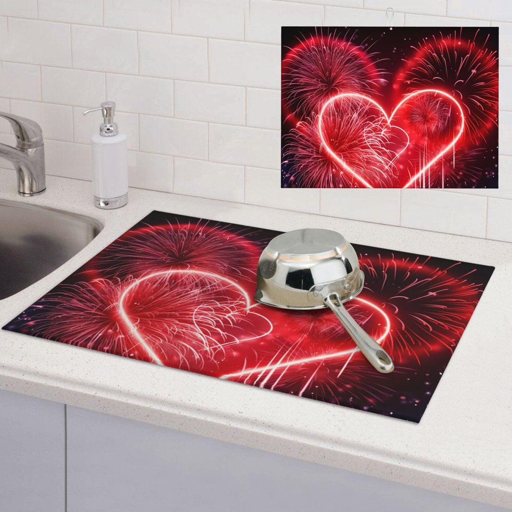 Red Hearts Firework Dish Drying Mat for Kitchen Counter Absorbent Dish Drying Pad Non Slip Kitchen Drying Mat Coffee Mat Microfiber Dish Mat for Sink Dishes Countertop Draining Racks