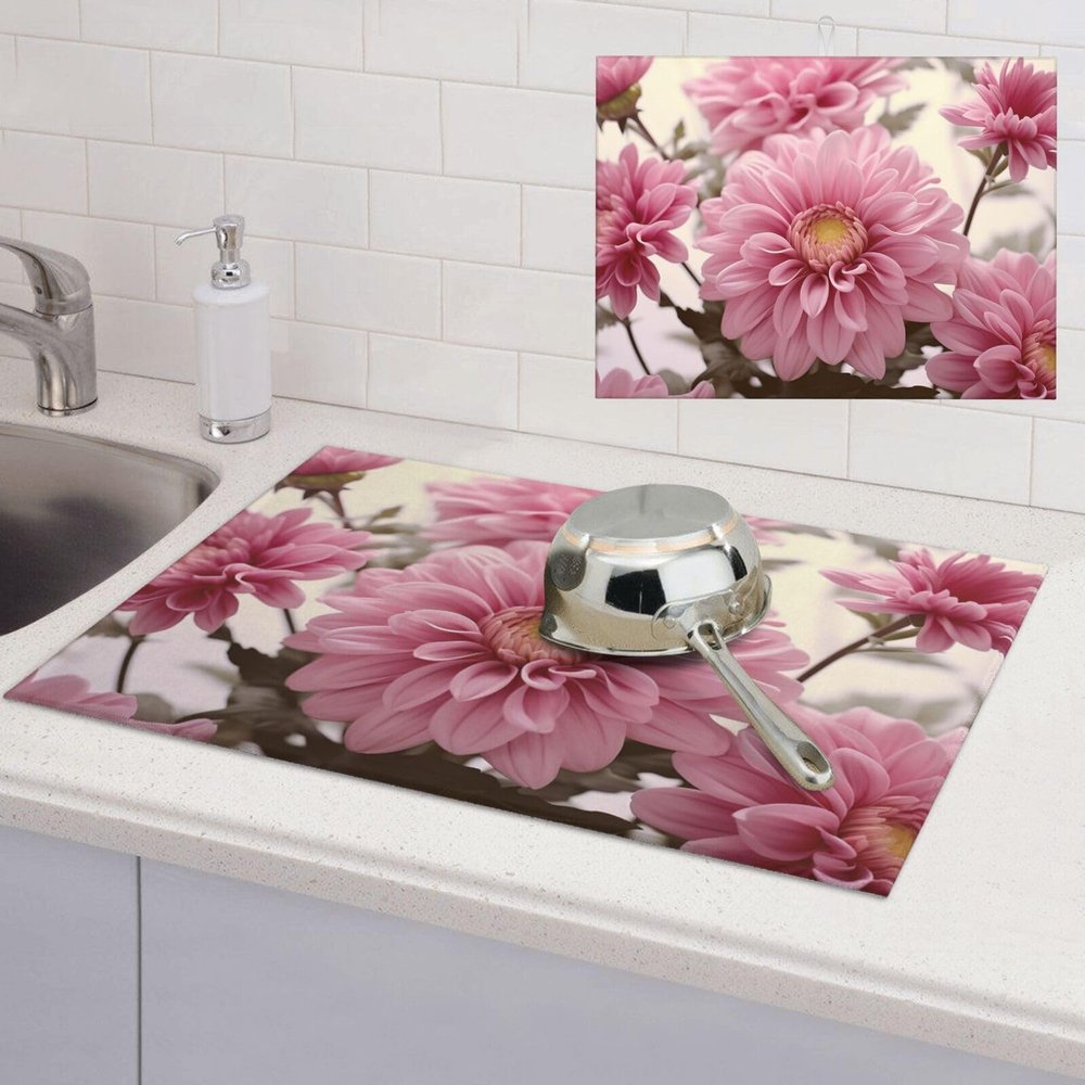 Retro Style Pink Flowers Dish Drying Mat for Kitchen Counter Absorbent Dish Drying Pad Non Slip Kitchen Drying Mat Coffee Mat Microfiber Dish Mat for Sink Dishes Countertop Draining Racks