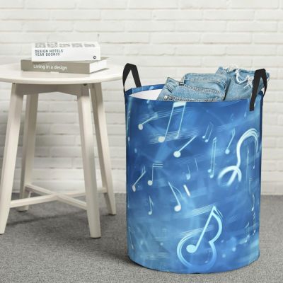 Round Laundry Basket with Handles Personalized Laundry Hamper for Bedroom Blue Musical Notes Circular Laundry Lightweight Waterproof Storage Basket Dirty Clothes Hamper for Bathroom Dorm