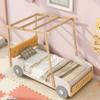 Merax Car Shaped Platform Bed for Kids Twin Size, Solid Wood Bed Frame with Back Cushion & Ceiling Cloth, for Boys Girls Teens, Natural view 3
