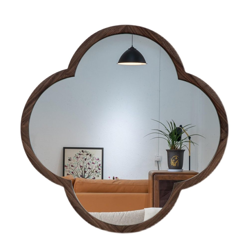 Scalloped Edge Wall Mirror, Rustic Decorative Mirror with Walnut Frame, for Farmhouse Bedroom Bathroom Living Room Hallway