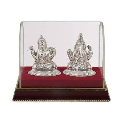 Lord Luxmi Ganesha Idols & Figurines for Home Temple Made by Pure Silver situated in a Transparent Box (Laxmi & Ganesh 32gm-Pure Silver)