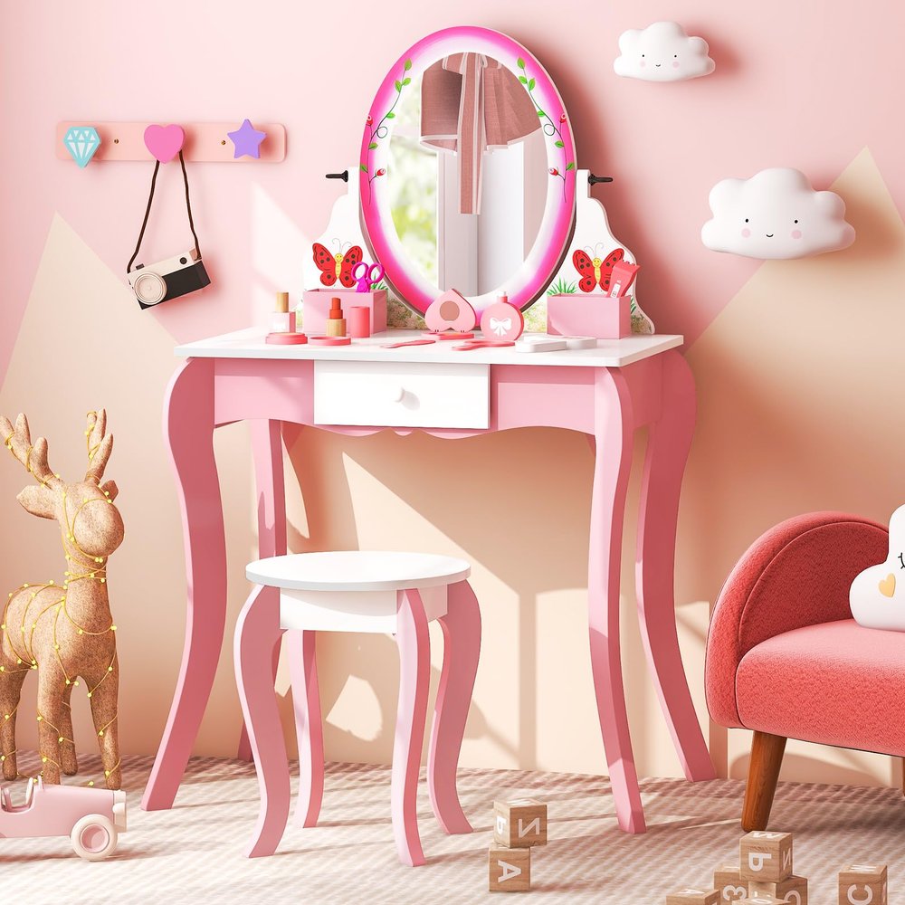 Costzon Kids Vanity, Girls Vanity Set with Mirror and Stool, Drawer, Storage Grids, 2 in 1 Makeup Dressing Table Vanity Desk, Vanity Table and Chair Set for Little Girls