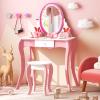 Costzon Kids Vanity, Girls Vanity Set with Mirror and Stool, Drawer, Storage Grids, 2 in 1 Makeup Dressing Table Vanity Desk, Vanity Table and Chair Set for Little Girls view 1