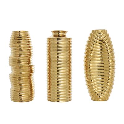 Deco 79 Ceramic Decorative Vase Dimensional Ribbed Centerpiece Vases with Varying Shapes, Set of 3 Flower Vases for Home Decoration 4" W, 11" H, Gold