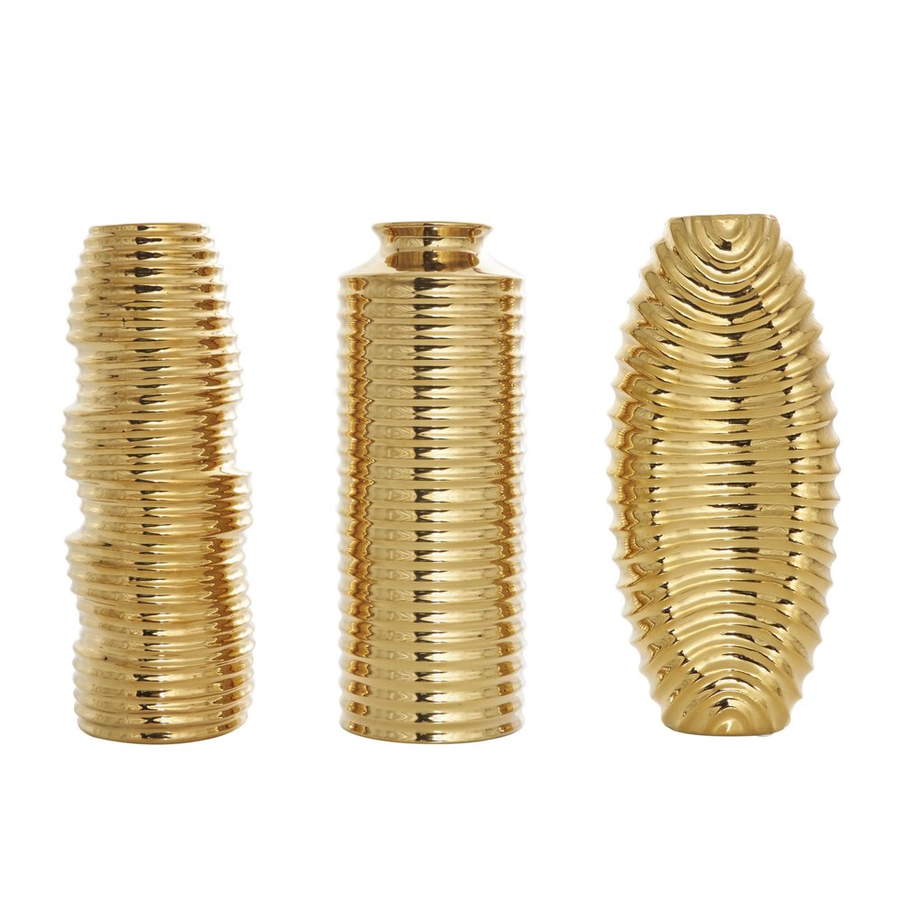 Deco 79 Ceramic Decorative Vase Dimensional Ribbed Centerpiece Vases with Varying Shapes, Set of 3 Flower Vases for Home Decoration 4" W, 11" H, Gold