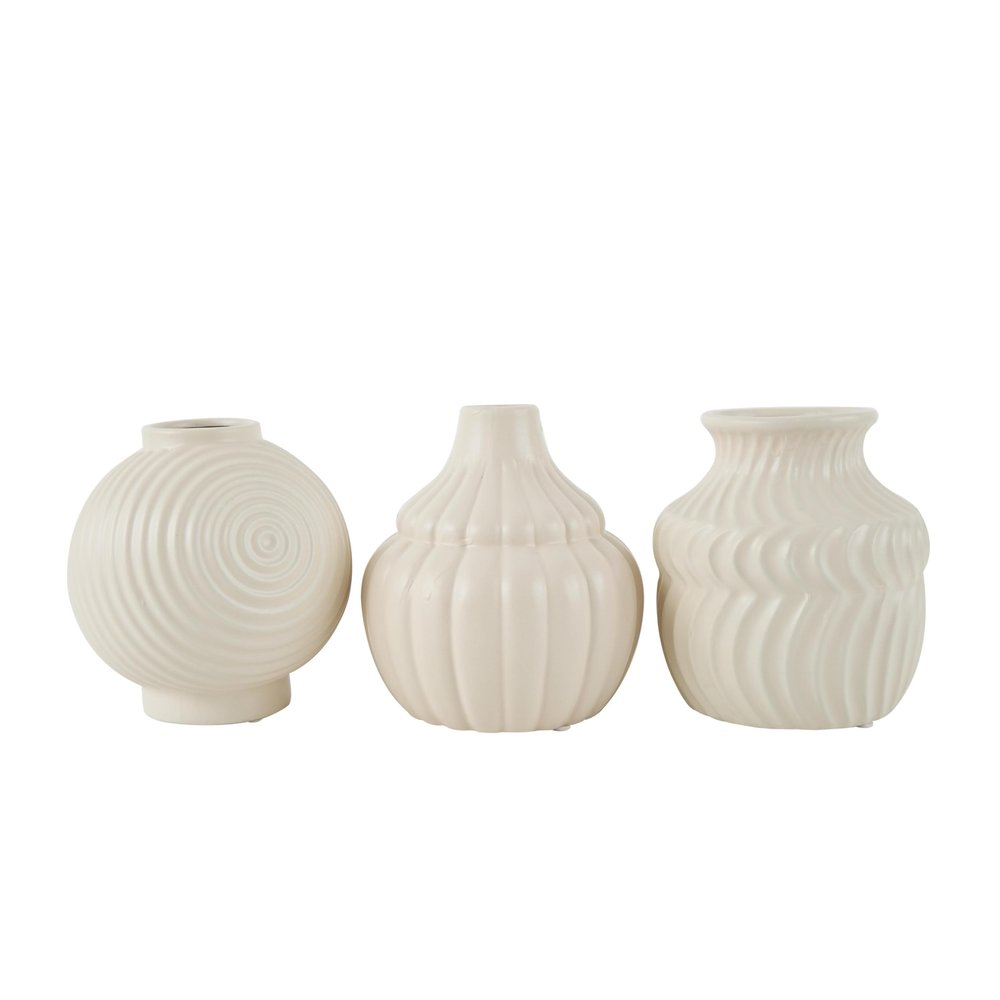 Deco 79 Ceramic Abstract Decorative Vase Small Textured Centerpiece Vases with Varying Shapes and Patterns, Set of 3 Flower Vases for Home Decoration 5" W, 6" H, Cream