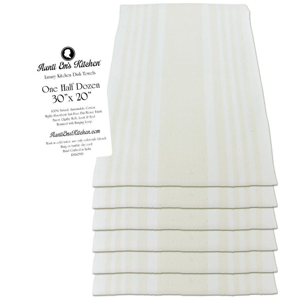 Aunti Em's Kitchen Designer Hand and Kitchen Dish Towels Woven from 100% Responsibly-Farmed, Thick, Luxurious Cotton, Oversized 20 x 30 inches, One Half Dozen, Natural Stripe