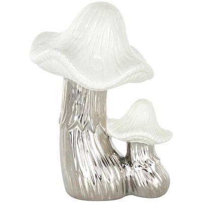 Deco 79 Ceramic Mushroom Decorative Sculpture Home Decor Statue with White Tops and Textured Grooves, Accent Figurine 7" x 6" x 10", Silver