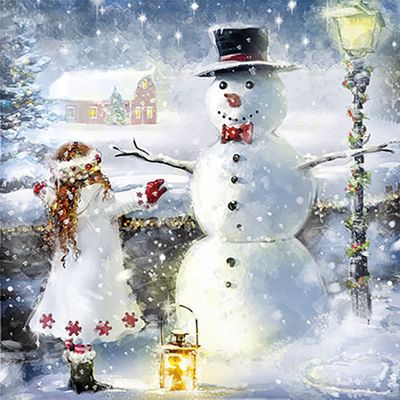 20-ct 13x13 Christmas Napkins for Decoupage - Snowman Winter Cocktail Napkins for Kids - Beautiful Paper Napkins With Cute Girl Embrace Design