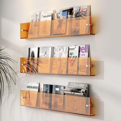 Acrylic Magazine Rack Brochure Holder Wall Mounted Bookshelf Wall Decorative Shelf Record Display Rack Literature Storage Racks for Waiting Room, Living Room, Office, 3 Colors (Color : Orange, Size