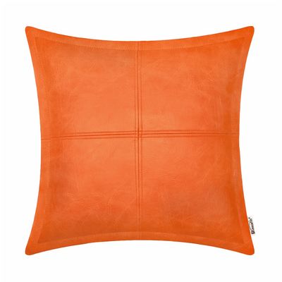 BRAWARM Orange Leather Throw Pillow 16 X 16 Inches, Faux Leather Pillow Cover with Piping, Hand Stitched Leather Decorative Throw Pillow Covers for Couch Sofa Bed Living Room Garden