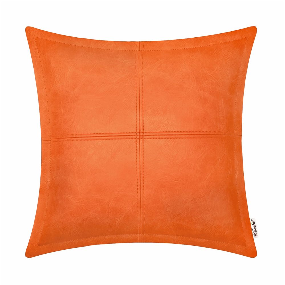BRAWARM Orange Leather Throw Pillow 16 X 16 Inches, Faux Leather Pillow Cover with Piping, Hand Stitched Leather Decorative Throw Pillow Covers for Couch Sofa Bed Living Room Garden