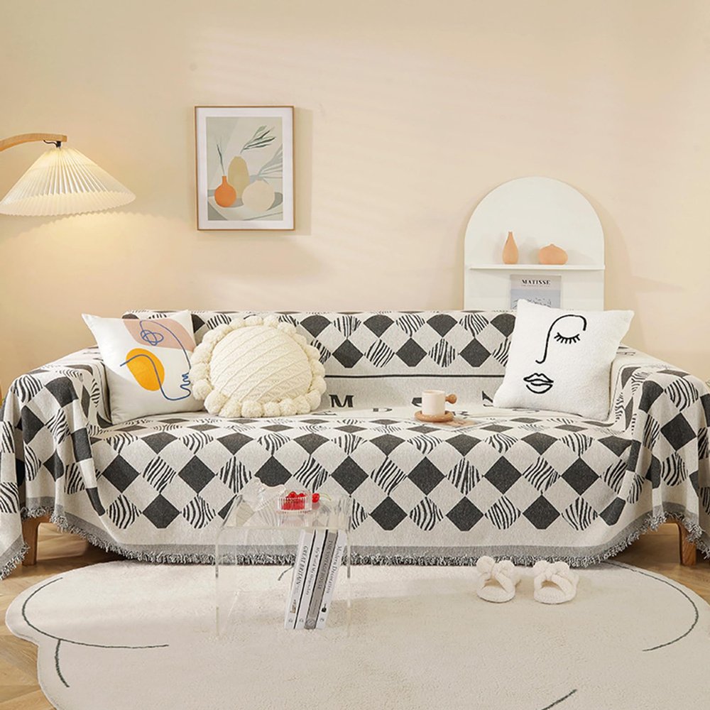 1/2/3/4 Seaters Sofa Throw Covers Printed Sofa Towel Chenille Sofa Slipcover With Tassels L/U Shape Anti-Slip Luxury Couch Cover Multipurpose Throws Blankets For Sofas Picnic(180X130cm,Gray 5)