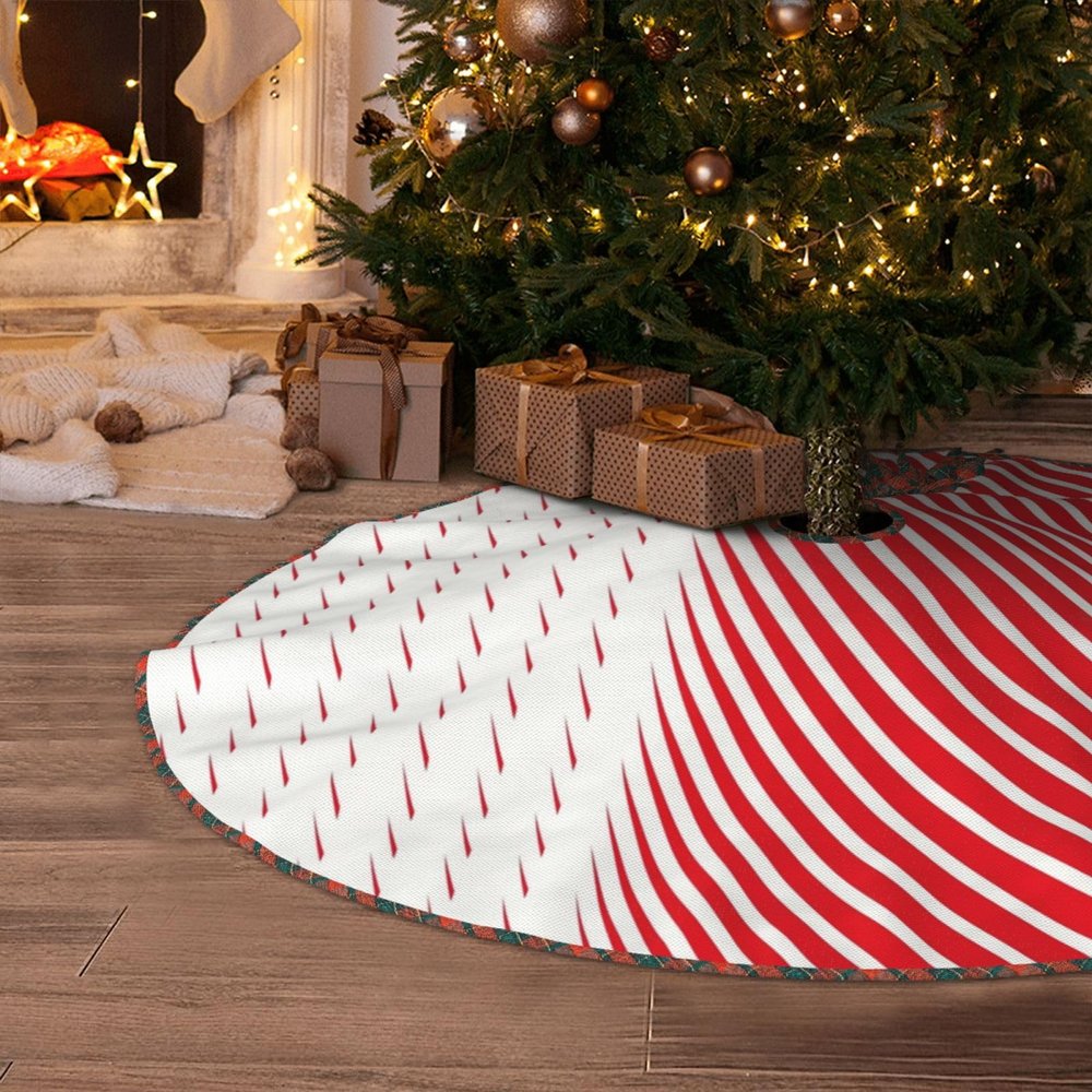 Christmas Tree Skirt 48" Geometric Patterns Christmas Red White Abstract Linen Xmas Tree Skirt for Holiday Party Christmas Tree Mat Decorations Indoor Outdoor