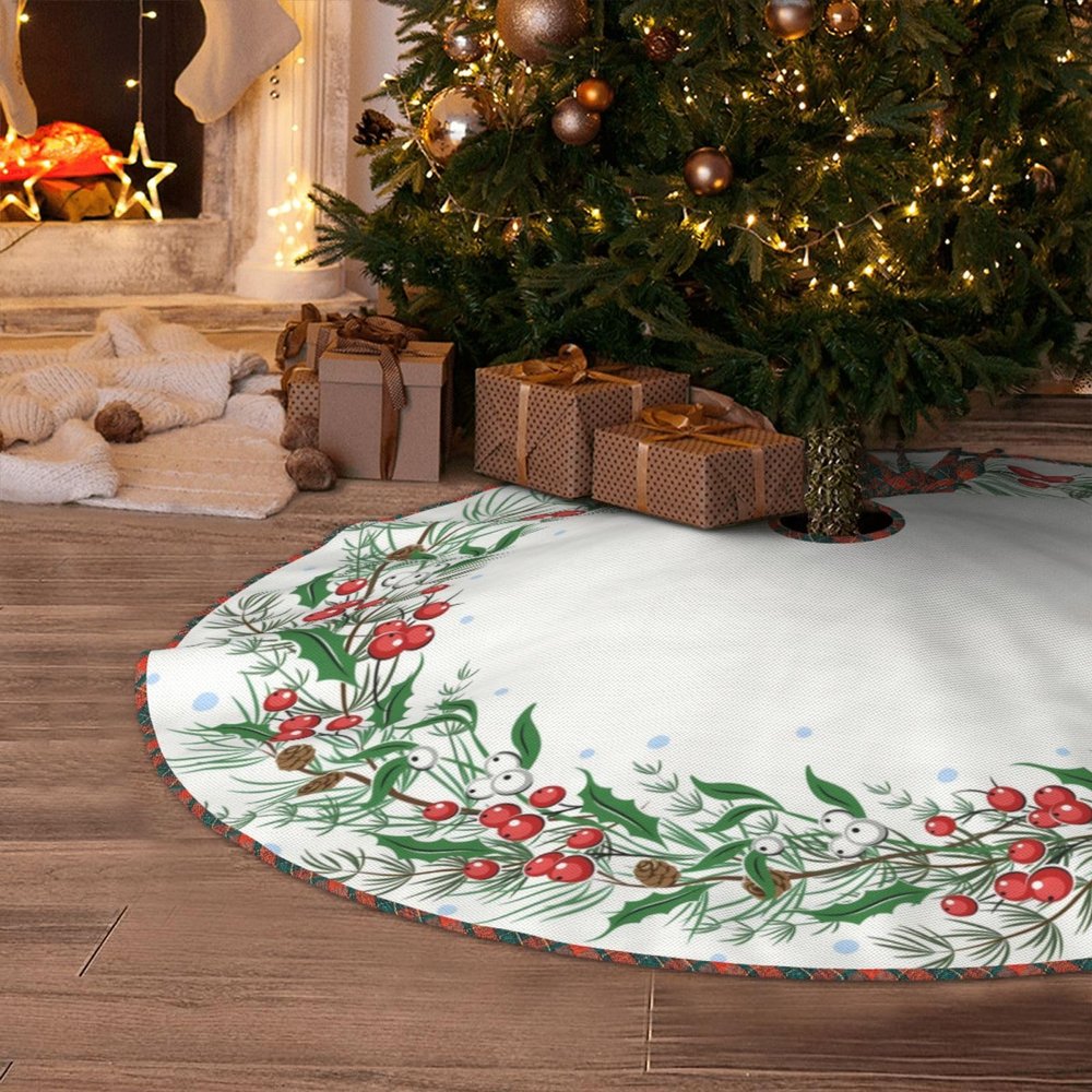 Christmas Tree Skirt 48" Christmas Holly Linen Xmas Tree Skirt for Holiday Party Christmas Tree Mat Decorations Indoor Outdoor