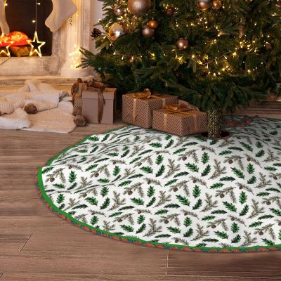 Christmas Tree Skirt 36" Pine and Holly Linen Xmas Tree Skirt for Holiday Party Christmas Tree Mat Decorations Indoor Outdoor
