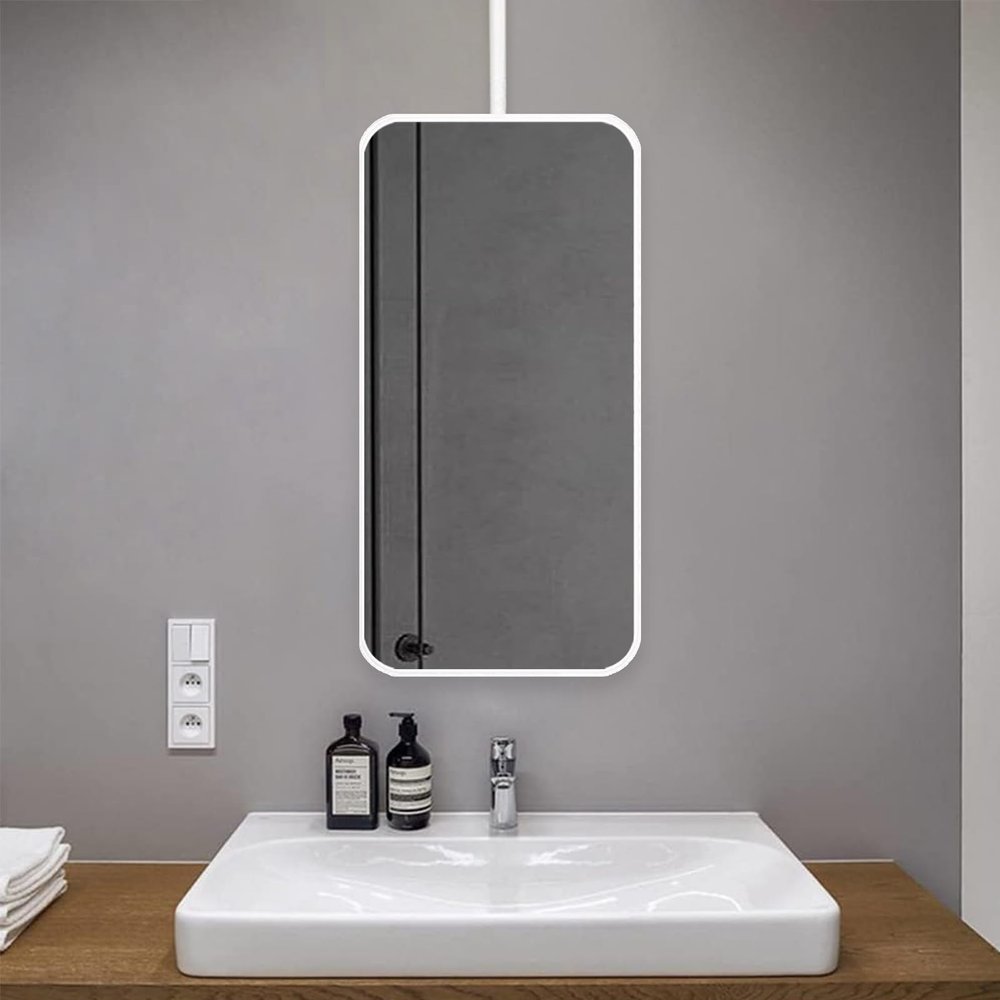 Renmlion Ceiling Hanging Mirror with Metal Framed Bathroom Mirror, White Ceiling Mounted Mirrors Wall Vanity Makeup Mirror Simple Glass Mirror Clear and Practical, White (Size : 40cmx70cm)
