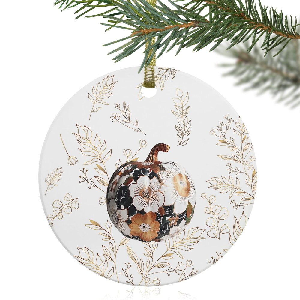 2024 Christmas Ornament Xmas Tree Hanging Accessories,Fall White Black Floral Farm Pumpkin Christmas Tree Round Ceramic Ornaments for Holiday Party Home Decor,Thanksgiving Gold Foil Leaf