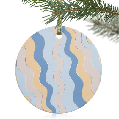 2024 Christmas Ornament Xmas Tree Hanging Accessories,Yellow Navy Blue Ripple Christmas Tree Round Ceramic Ornaments for Holiday Party Home Decor,Gradient Line Wave Art