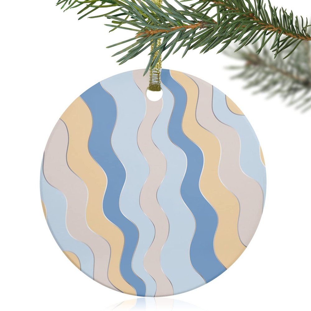 2024 Christmas Ornament Xmas Tree Hanging Accessories,Yellow Navy Blue Ripple Christmas Tree Round Ceramic Ornaments for Holiday Party Home Decor,Gradient Line Wave Art