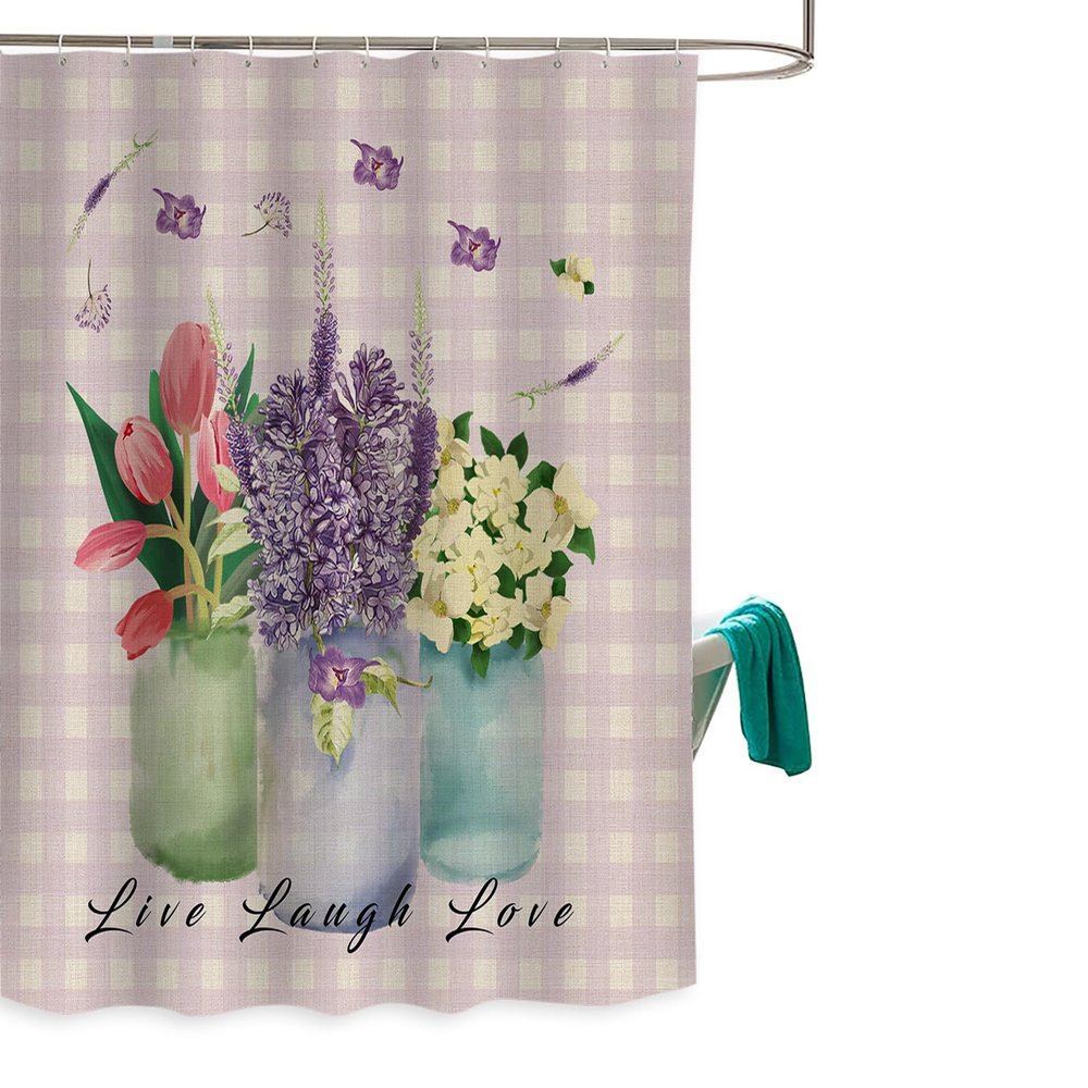 Shower Curtain, Vase Tulip Lavender Florals Buffalo Plaids Washable Shower Curtain with Hooks Bath Decor Fabric Shower Curtains for Bathroom, Hotel, Stalls, Bathtubs, 72x72 in
