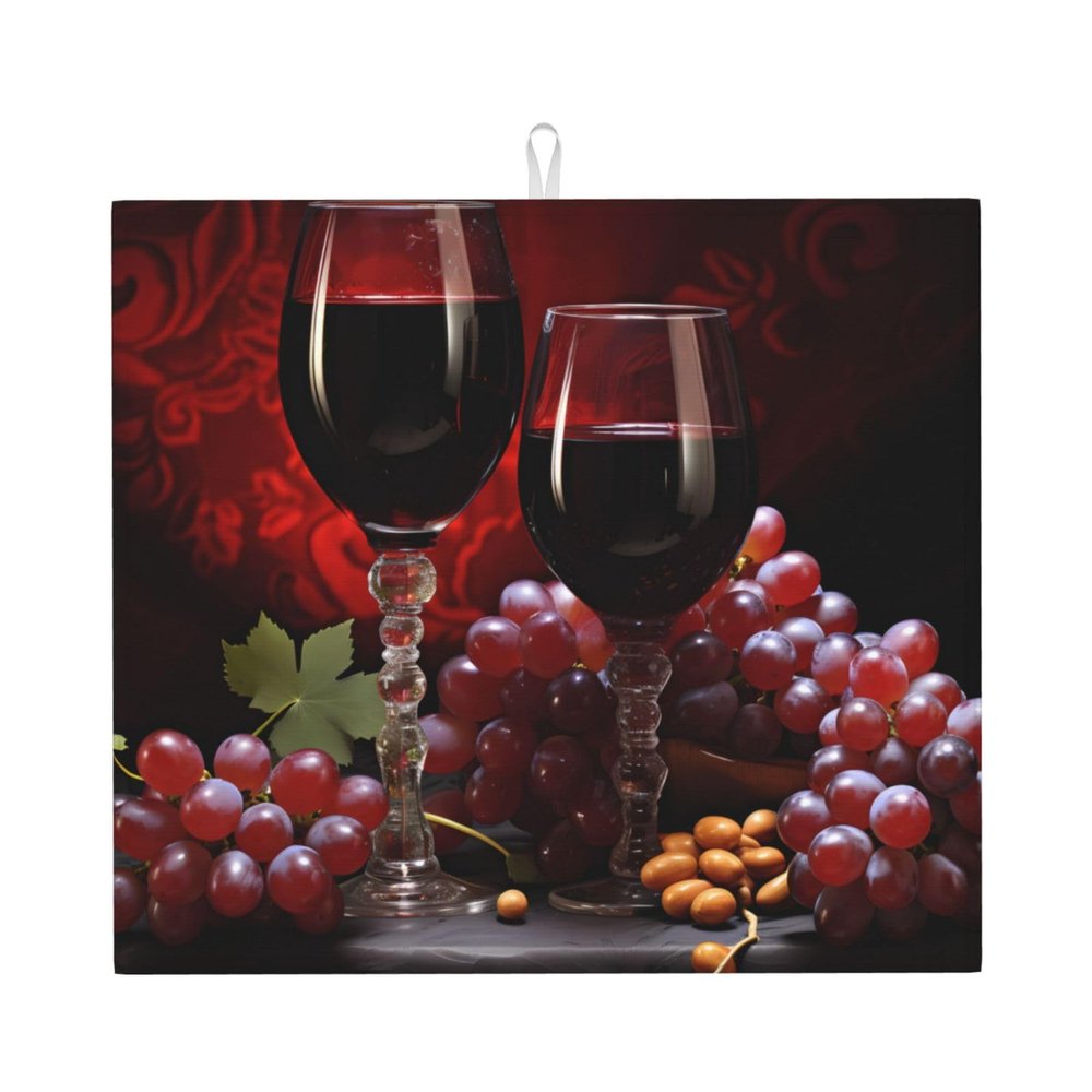 Wine And Grapes Dish Drying Mat - Reversible Microfiber Design - Absorbent And Versatile Kitchen Essential 18x16 Inch