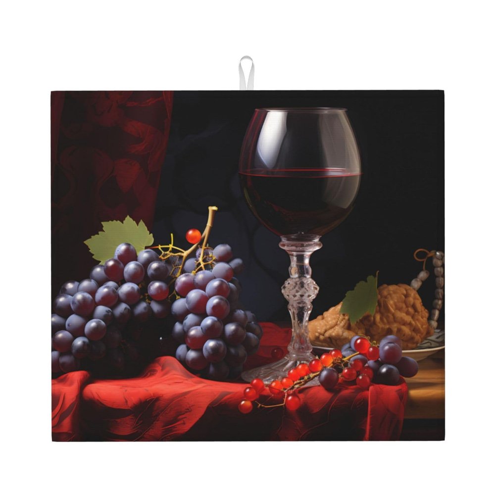 Wine And Grapes Dish Drying Mat - Reversible Microfiber Design - Absorbent And Versatile Kitchen Essential 18x16 Inch