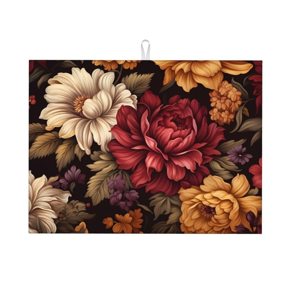 Colorful Flowers Dish Drying Mat - Reversible Microfiber Design - Absorbent And Versatile Kitchen Essential 18x24 Inch
