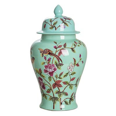 ZHOUXIAO Ceramic Vases Ginger Jar with Lid for Home Decor, Flower Birds Pattern Temple Jar Vase Jingdezhen Traditional Chinese Porcelain Dried Flower Vases Decoration for Liv Green-XXL
