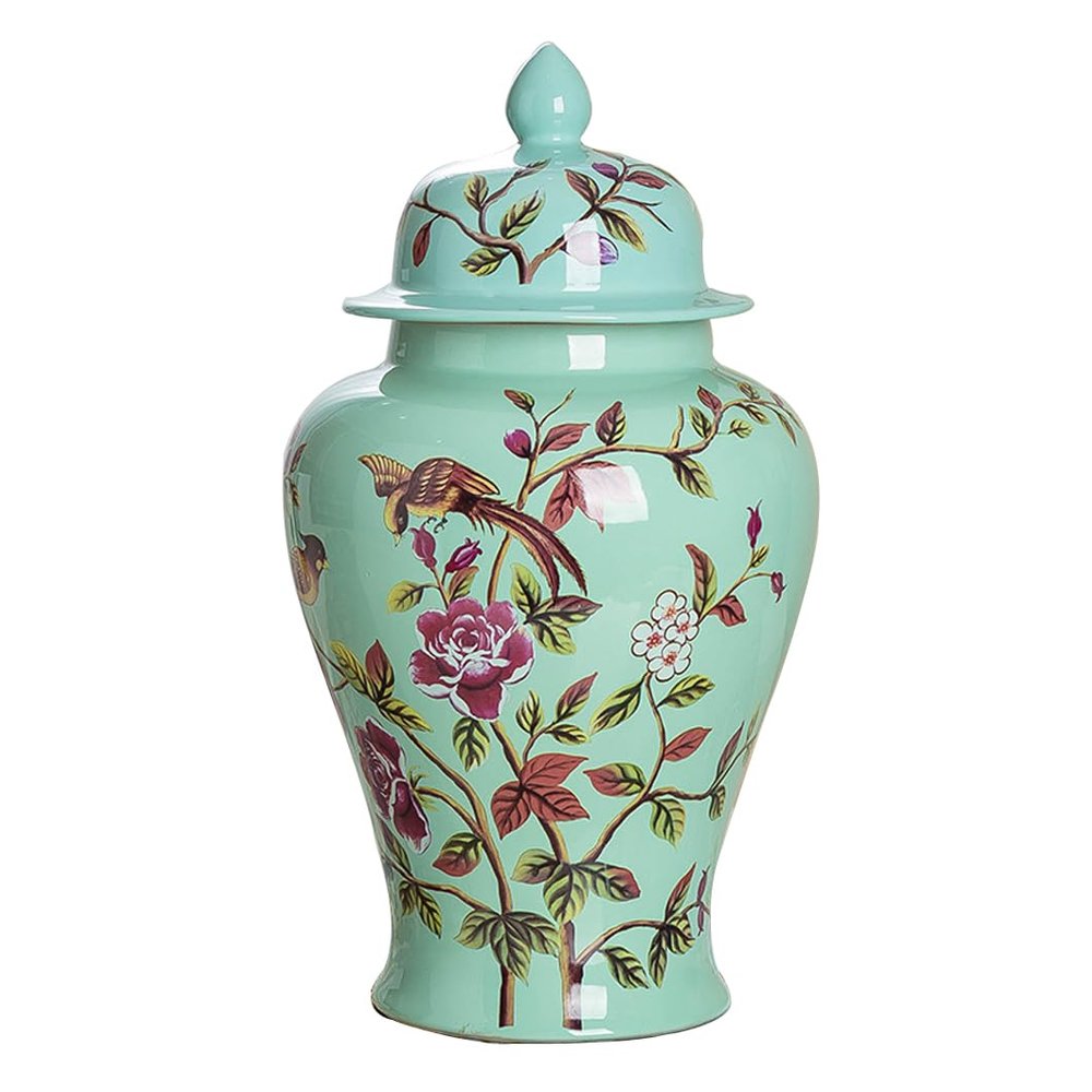 ZHOUXIAO Ceramic Vases Ginger Jar with Lid for Home Decor, Flower Birds Pattern Temple Jar Vase Jingdezhen Traditional Chinese Porcelain Dried Flower Vases Decoration for Liv Green-XXL