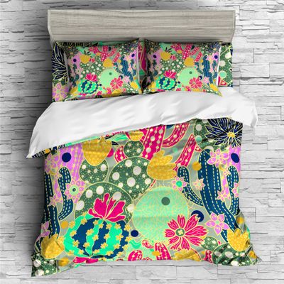 REALIN Cactus Flower Bedding Cactus Plants Succulent Plant Duvet Cover Set Girl Boy Kids Bed Sets 2/3/4PCS Quilt Covers/Sheets/Pillow Shams,Twin/Full/Queen/King (A,Queen-228x228cm-3PCS)