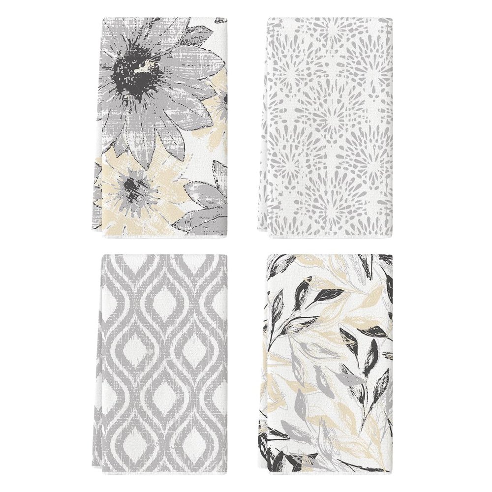 Artoid Mode Silver Floral Leaves Boho Kitchen Towels Dish Towels, 18x26 Inch Seasonal Decoration Hand Towels Set of 4
