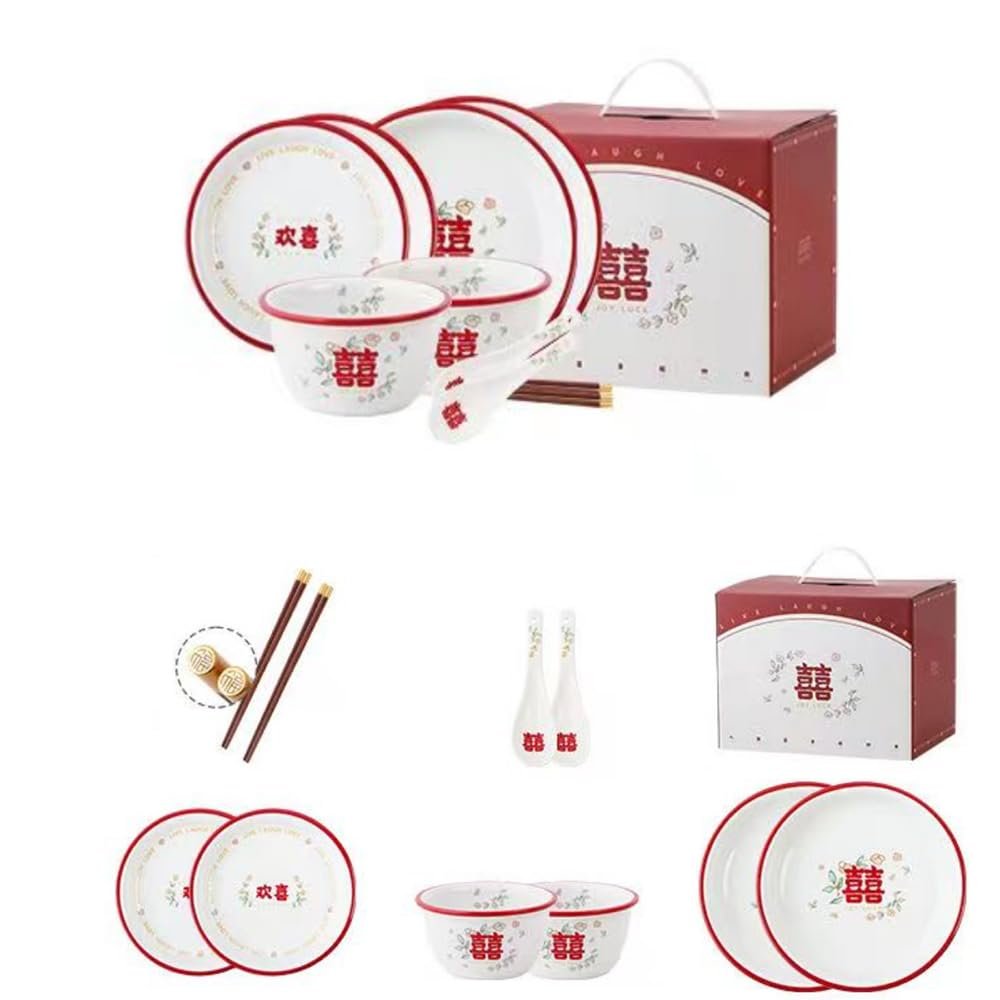 10pcs Ceramic Tableware Set for Wedding Housewarming Birthday Ceremony, Chinese Ceramic Tableware, Bowls Chopsticks Spoons Plates Set with Gift Package