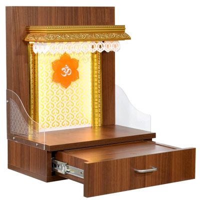 Home Temple Pooja Mandir Wooden Mandir for Home Wall Hanging Mandir in Walnut Brown Colour with Inbuilt Lighting and Drawer Storage / (Mandir Size H-21, L-16, W-10 Inches)