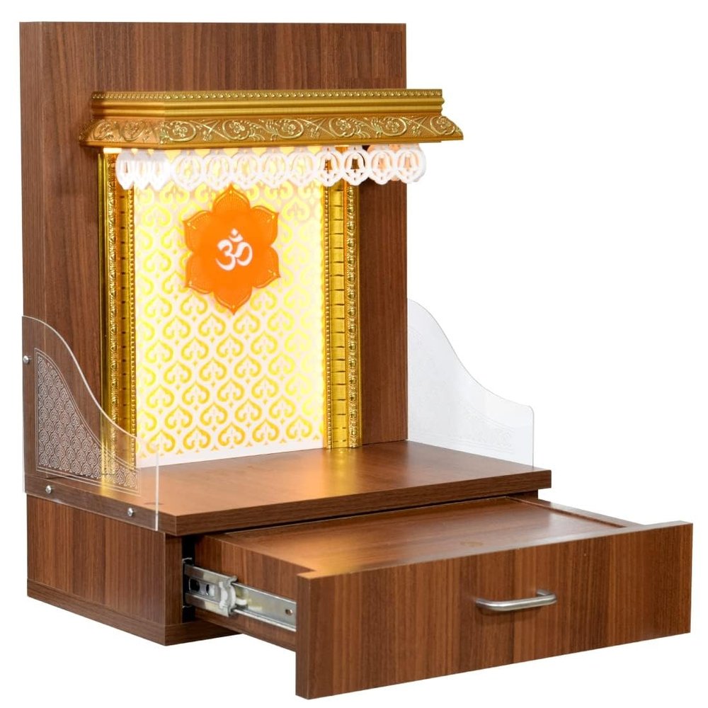 Home Temple Pooja Mandir Wooden Mandir for Home Wall Hanging Mandir in Walnut Brown Colour with Inbuilt Lighting and Drawer Storage / (Mandir Size H-21, L-16, W-10 Inches)
