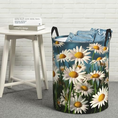 Round Laundry Basket with Handles Personalized Laundry Hamper for Bedroom Daisies Circular Laundry Lightweight Waterproof Storage Basket Dirty Clothes Hamper for Bathroom Dorm