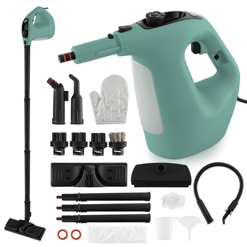 COSTWAY Handheld MultiPurpose Steam Cleaner with 17 Pieces, 350ml Large Capacity Steam Mop Continuous Fill water, Portable Chemical-Free Steamer for Home Use, Floors, Windows, 1400W, Green