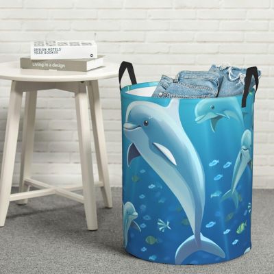 Round Laundry Basket with Handles Personalized Laundry Hamper for Bedroom Dolphin Circular Laundry Lightweight Waterproof Storage Basket Dirty Clothes Hamper for Bathroom Dorm