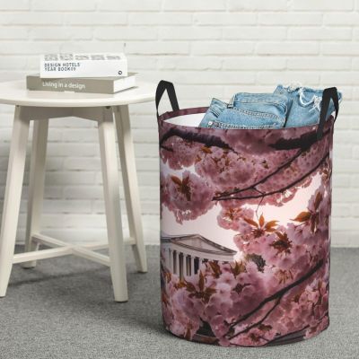 Round Laundry Basket with Handles Personalized Laundry Hamper for Bedroom Cherry Blossoms Circular Laundry Lightweight Waterproof Storage Basket Dirty Clothes Hamper for Bathroom Dorm