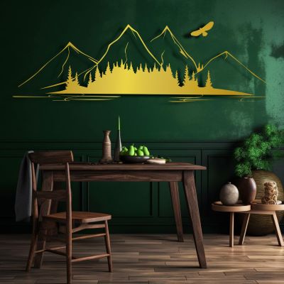 Metal Mountain Wall Art, Mountain and Forest Metal Wall Decor, Mountain and Forest Metal Line Art Wall Decor, Mountain Metal Minimalist Wall Art Large Metal Art Wall Decor, Living Room, Bedroom Decor (41"W x 13"H / 105 x 33 cm, gold)