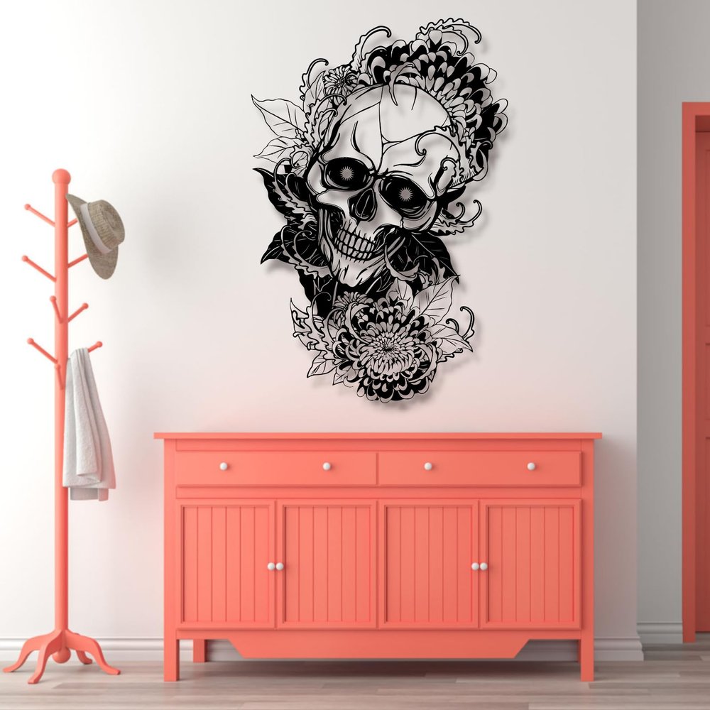Sugar Skull Metal Wall Art, Skull Metal Wall Art Decor, Gothic Metal Wall Art, Skeleton Halloween Decor, Dia De Los Muertos Decorations, La Catrina Wall Art, Metal Wall Decor for Living Room, Bedroom (28"W x 41"H / 70 x 105 cm, black)