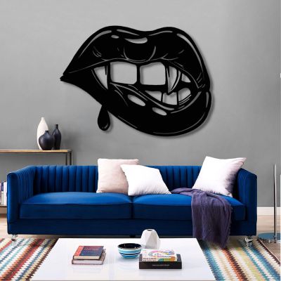 Woman Vampire Lip Wall Decor, Female Vampire Fangs with Blood Metal Wall Art, Lip-shaped Metal Wall Decor, Hallowen Wall Decor, Metal Wall Art, Halloween Gifts (Black, 24x16 inches / 60x40 cm)