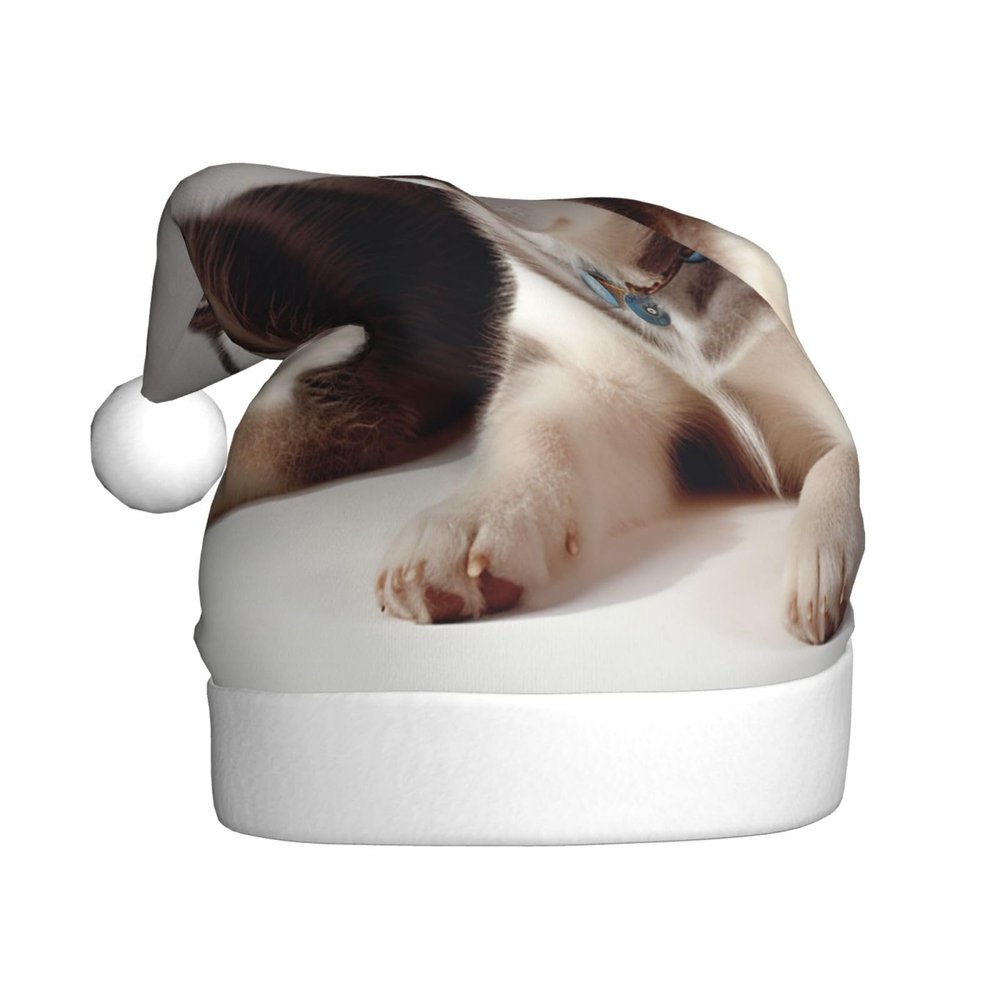EVANEM Santa Hat Dog Printing Christmas Hat for Adults Light Up Xmas Hats Plush Santa Cap for New Year Party and Holiday Event