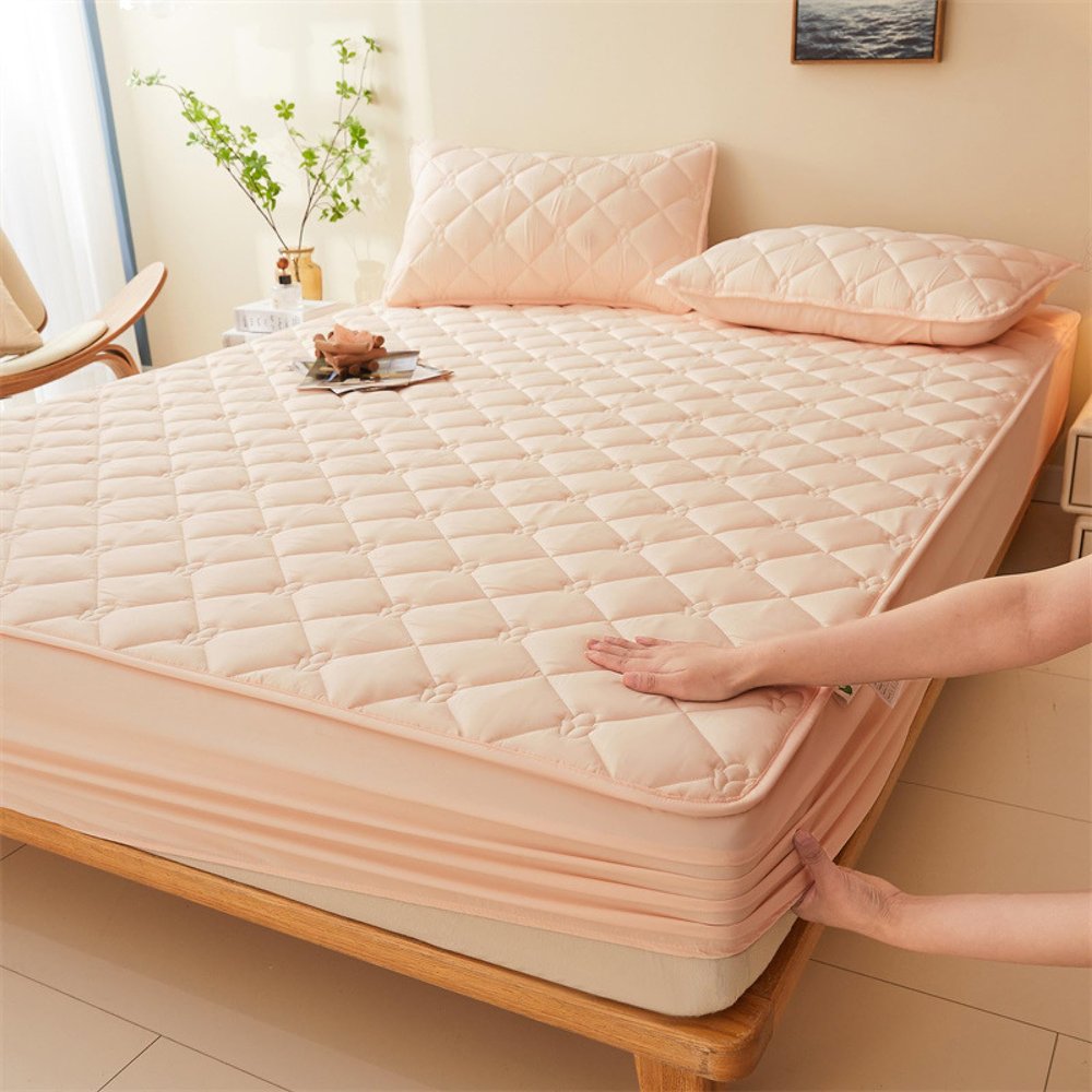 FCLDESHOP Easy Care,Thickened Quilted Deep Pocket Anti-Slip Bedding Sheets, Bedroom Hotel Homestay Solid Color Mattress Topper,Beige,180x200cm (3pcs)